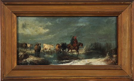 JOLI FAUSTINO (1814 - 1876) Scena campestre d'inverno. Olio su tela . Cm...