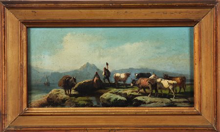 JOLI FAUSTINO (1814 - 1876) Scena campestre con buoi. Olio su tela . Cm 40,00...