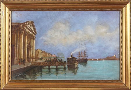 BIANCHI ARTURO (1856 - 1939) Veduta di Venezia con vaporetto al pontile. Olio...