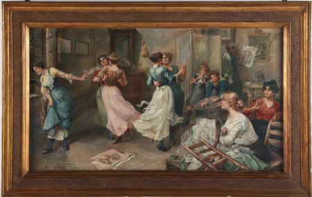 GASPARINI LUIGI (n. 1865) Prove di ballo. Olio su tela . Cm 180,00 x 100,00....