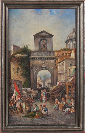 CARELLI GIUSEPPE (1858 - 1921) Mercato di Porta Capuana. Olio su cartone. Cm...