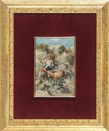 CAMPRIANI ALCESTE (1848 - 1933) Pastorella. Olio su tavoletta. Cm 10,00 x...