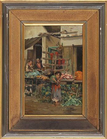 TAFURI RAFFAELE (1857 - 1929) Bambina al mercato. Olio su tela . Cm 21,00 x...