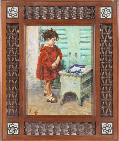 IROLLI VINCENZO (1860 - 1942) Bambina dal vestito rosso. Olio su tela . Cm...