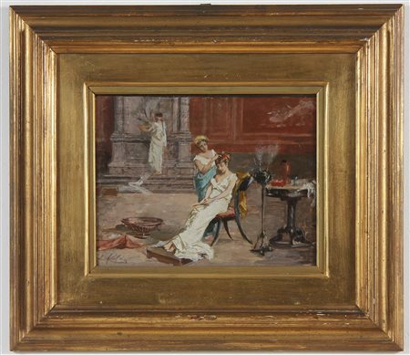 CASSIOLI AMOS (1832 - 1891) La toilette. Olio su tavola. Cm 28,50 x 21,50....