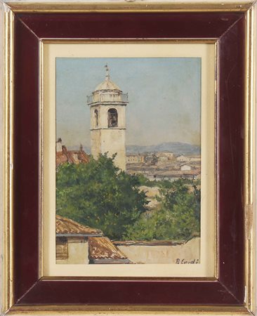 LEIDI PIETRO (1892 - 1930) Vista della torre del Broletto. Olio su cartone....