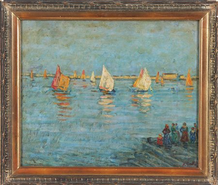 GALLOTTI ALESSANDRO (1879 - 1961) Vele dell'Adriatico. Olio su tavola. Cm...
