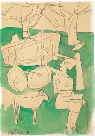 Franco Gentilini (Faenza 1909 - Roma 1981) FIGURA NEL PAESAGGIO g ouache su...