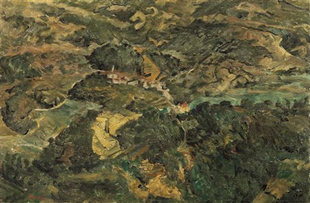 Fausto Pirandello (Roma 1899 - 1975) PAESAGGIO olio su tavola, cm 37x57...