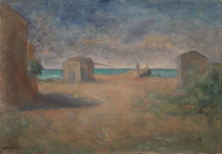 Carlo Carr&agrave; (Quargnento 1881 - Milano 1966) CAPANNI IN RIVA AL MARE...