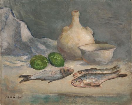 Carlo Carr&agrave; (Quargnento 1881 - Milano 1966) NATURA MORTA CON PESCI...