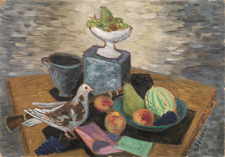 Gino Severini (Cortona 1883 - Parigi 1966) NATURA MORTA CON COLOMBO E FRUTTA...