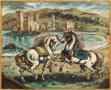 Giorgio De Chirico (Volos 1888 - Roma 1978) DUE CAVALLI IN UN PAESAGGIO CON...