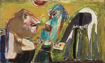 Asger Jorn (Vejrum 1914 - Aarhus 1973) PAS DE TROIS o lio su tela, cm 35x61...