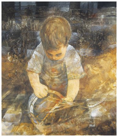 PAOLO NUTI Bambino di periferia 1980 Olio su tela 70 x 60. Firma in b. a d.;...