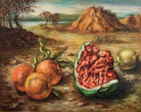 Giorgio de Chirico Volos 1888 - Roma 1978 Frutta e cocomero, 1965 Olio su...
