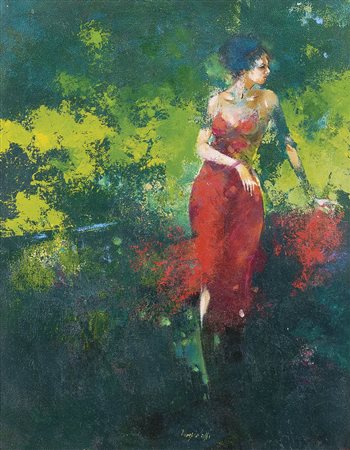 TASSI ANGELO BolognaIl vestito rossoolio su tela cm. 50x40, firma in basso al...