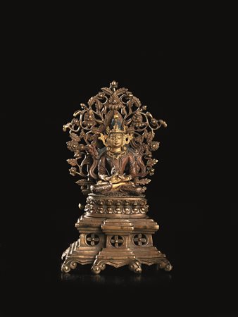 AMITAYA, CINO TIBETANA, SECC. XVIII in bronzo con volto dorato, assisa in...