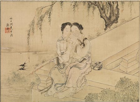 DIPINTO , CINA , SE C C. XIX-XX su seta riportata su carta , raffigurante due...