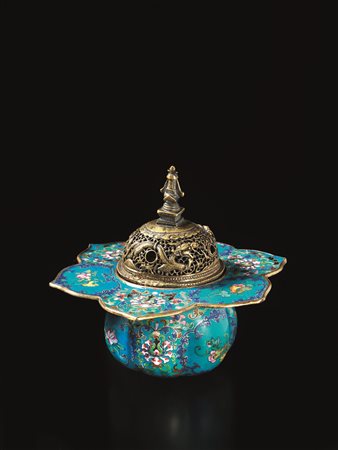 CONTENITORE, CINA, SEC. XIX in metallo smaltato, con coperchio in bronzo...