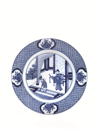 PIATTO, CINA, DINASTIA QING, EPOCA KANGXI in porcellana bianca e blu,...