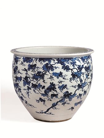 GRANDE VASO PORTA-PESCI, CINA, SEC. XIX in porcellana bianca e blu, diam. cm...