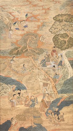 TESSUTO KESI, CINA, SEC. XIX in seta ricamata, raffigurante personaggi in un...