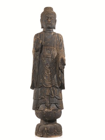 SCULTURA CINA TARDA DINASTIA MING in legno raffigurante Buddha stante alt. cm...