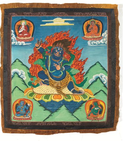 TANKA, TIBET, SEC. XX dipinto su tela, raffigurante divinit&agrave; irata, cm...