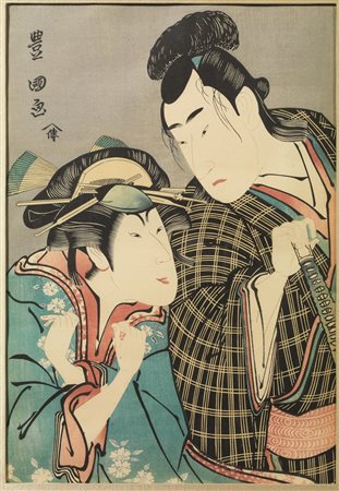 LITOGRAFIA, GIAPPONE, SEC. XX raffigurante un personaggio maschile e uno...