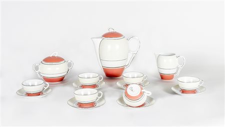 SERVITO DA CAFFÈ IN PORCELLANA Ginori, Anni Trenta dipinto con fascie nei...