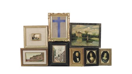 LOTTO DI PICCOLI DIPINTI tra cui un paesaggio di De Rosa, in cornice (8)...