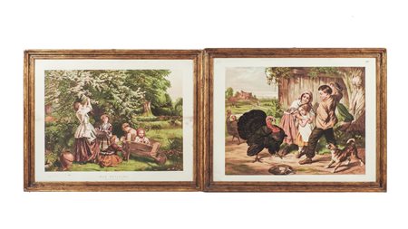 PAESAGGI CAMPESTRI CON BAMBINI due litografie inglesi, in cornice cm...