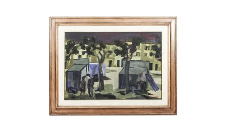 RENZO GRAZZINI (1912-1990) Scorcio di paese con personaggi olio su tavoletta,...