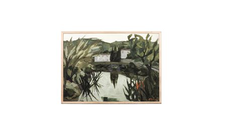 RENZO GRAZZINI (1912-1990) Paesaggio lacustre olio su tavoletta, firmato, in...