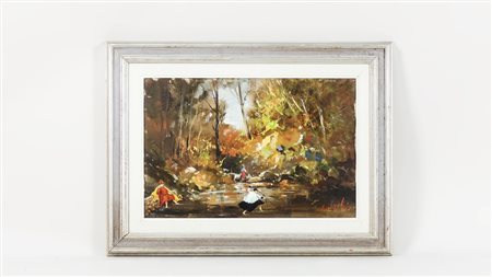 NORBETO MARTINI (1940-2007) Veduta di parco con figure religiose olio su...