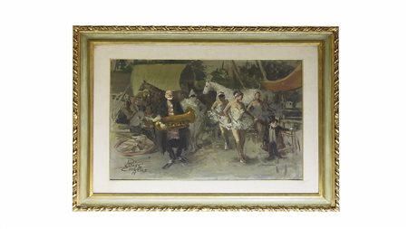 SERGIO CIRNO BISSI (1902-1987) Ballerine e pagliaccio 1975, olio su tela,...