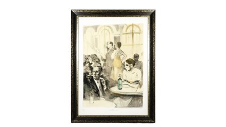ALBERTO SUGHI (1928-2012) Personaggi al caffè litografia acquerellata a mano,...