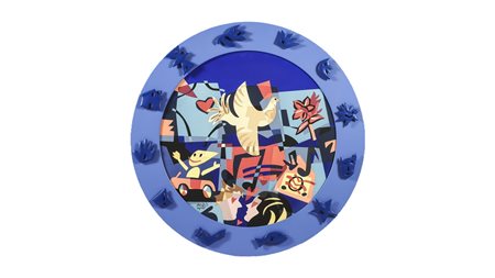 UGO NESPOLO Mondo di Pace intarsio, rilievo e collage su tavola, multiplo, es...
