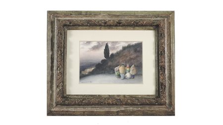 NINO TIRINNANZI (1923-2002) Paesaggio con figure 1985 acquerello su carta,...