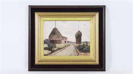 GINO ROMITI (1881-1967) Scorcio di strada di campagna con pagliai e casolare...