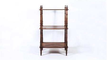 ETAGERE IMPIALLACCIATA IN PIUMA DI NOCE finali a pinnacolo, montanti torniti,...