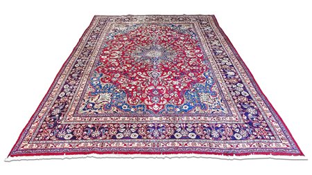 TAPPETO PERSIANO Mashad Korassan vecchia manifattura, fondo rosso, campo con...