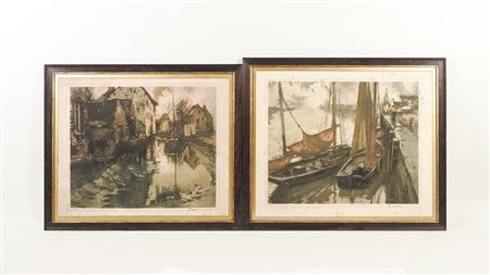 BARCHE AL MOLO E SCORCIO DI PAESE coppia di acquaforti-acquatinte, in...