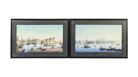 VEDUTA DI NAPOLI DAL MARE E VEDUTA DI NAPOLI DAL PORTO coppia di gouaches su...