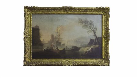 SCUOLA FRANCESE DEL XIX SECOLO L'attracco del galeone olio su tela, in...