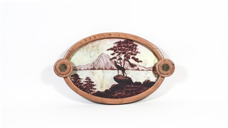 VASSOIO OVALE IN FAGGIO prima metà del XX secolo fondo dipinto con paesaggio...