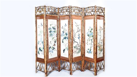 PARAVENTO ORIENTALE A SEI ANTE IN BAMBÙ con pannelli dipinti con uccellini e...
