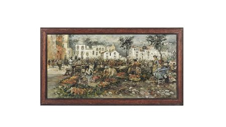 VEDUTA DI MERCATO olio su cartoncino, in cornice cm 34x69 MARKET VIEW, OIL ON...