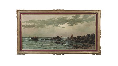 MARINA CON PESCATORI olio su tela, firmato, in cornice difetti cm 60x120...